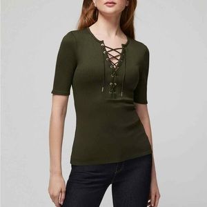 NWT WHBM For Me ribbed lace up top White House Black Market olive green M medium